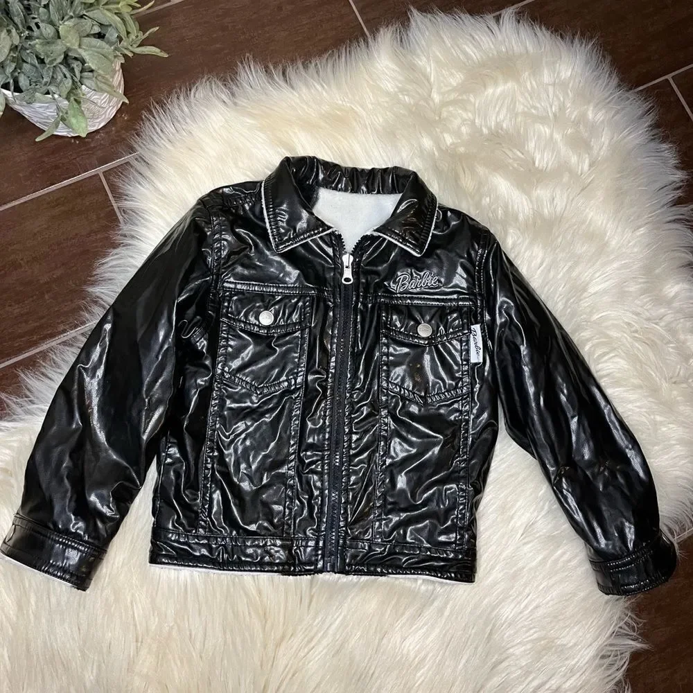 Barbie faux black leather/cow print biker reversible jacket sz5